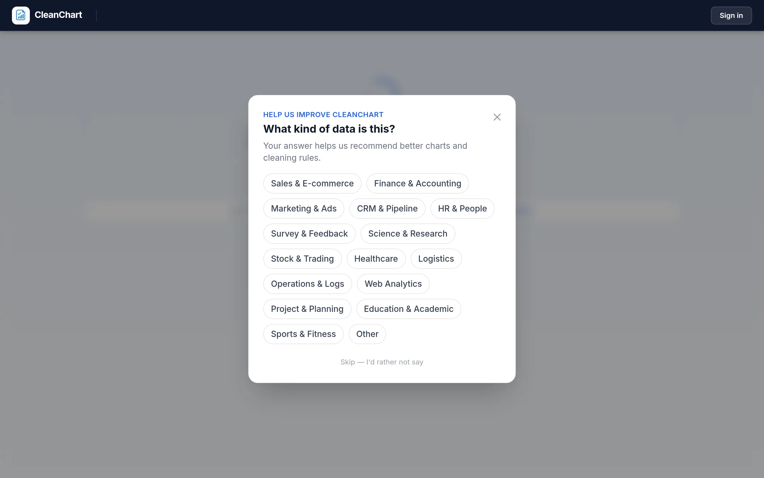 CleanChart asking what kind of data a survey export contains, with a Survey & Feedback category