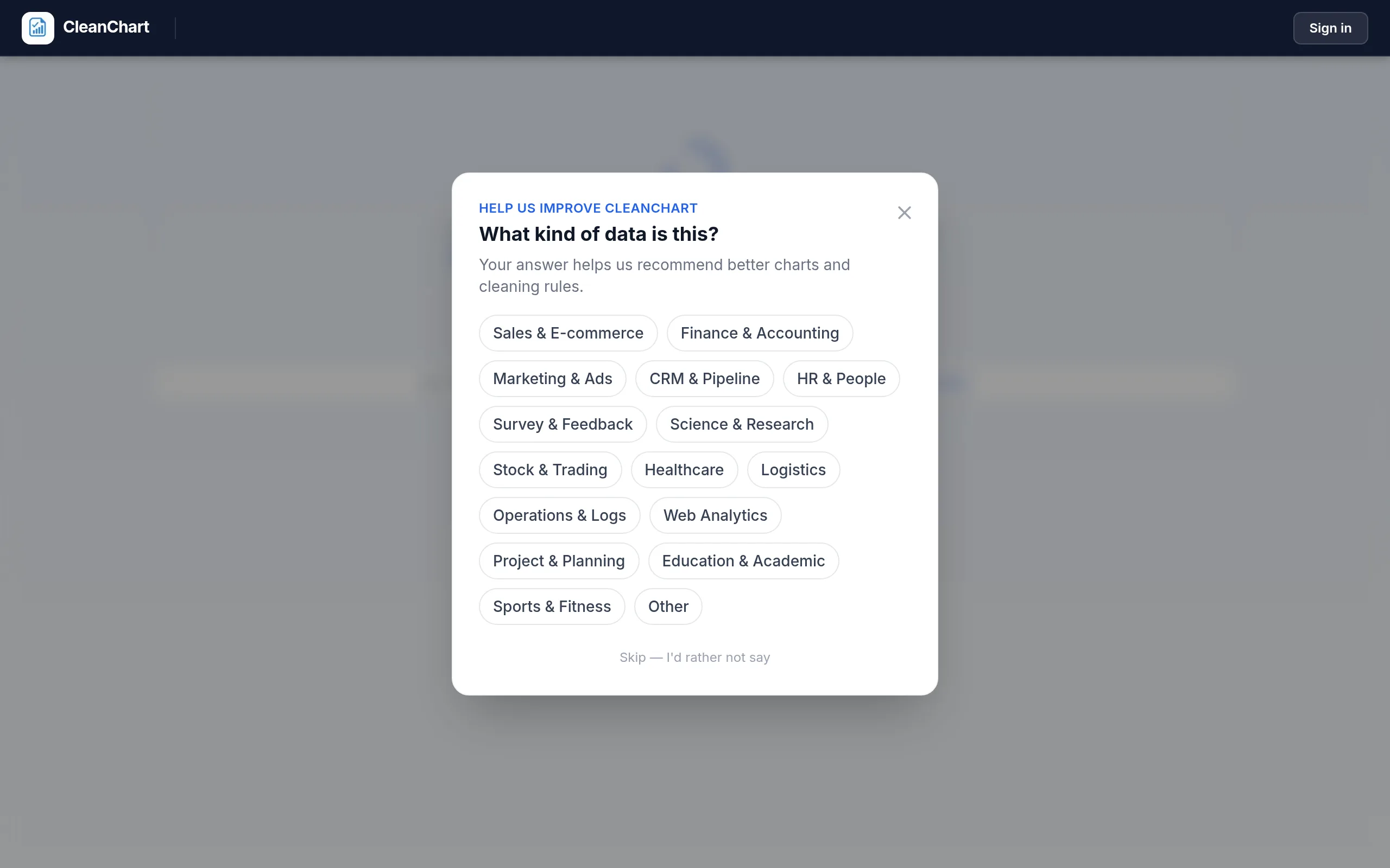 CleanChart asking what kind of data a hospital export contains, with a Healthcare category