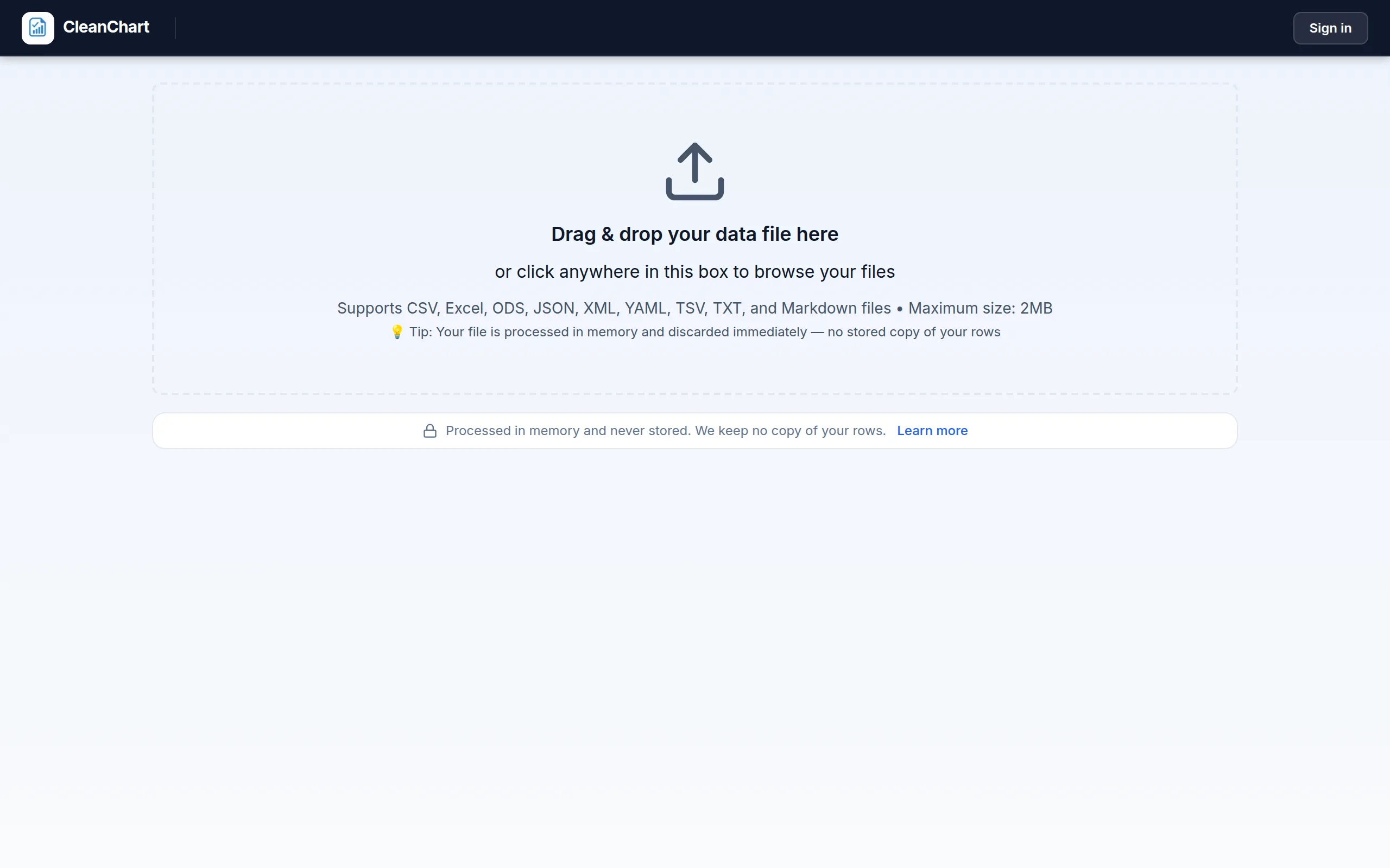 CleanChart upload screen ready to accept a Jira issue export CSV